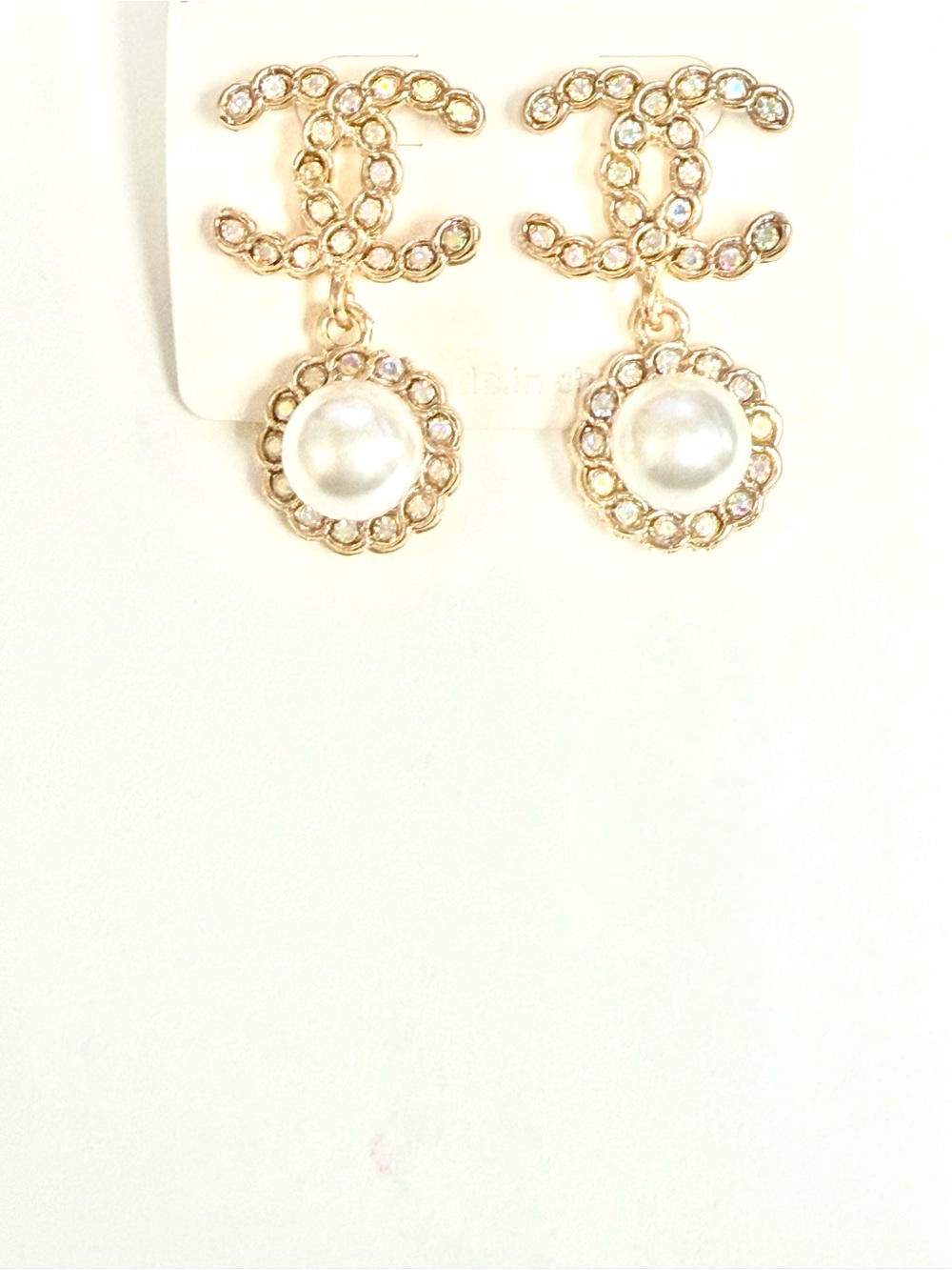 Gold-Tone Pearl Drop Earrings with Crystal-Studded Logo Detail